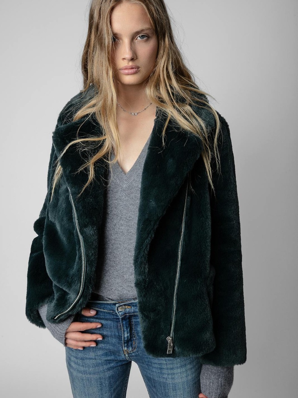 Zadig & Voltaire “Freeze” Faux Fur Moto Jacket in Peacock